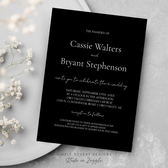 Elegant Modern Script Chic Black and White Bröllop Inbjudningar (Modern Minimalist Elegant Black and White Wedding Invitation with Simple Typography and Calligraphy)