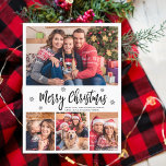 Elegant Modern Script Collage God jul Vykort<br><div class="desc">Elegant, svart och vitt Snöflingor Modern 4 Photo Collage God jul Script Helgdag Postcard. Den här festliga, imimalistiska, vimiska 4 (4) fotokortsmallen innehåller en söt fotokollage, en snowflake och säger God jul! Texten "God jul" hälsning är skriven med ett vackert, svart, stavat typsnitt på vit färg-bakgrund. Söt hälsning vykort till...</div>