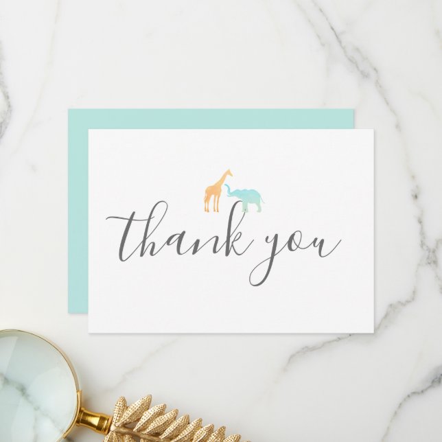Elegant Modern Script Giraffe Elephant Baby Shower Tack Kort (Fram/Back In Situ)