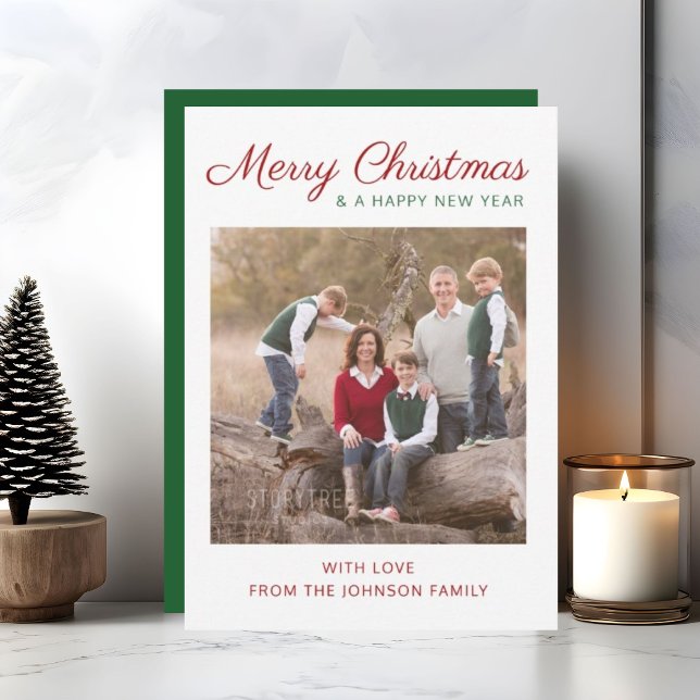 Elegant Modern Script Grönt - julfoto Julkort (Elegant Modern Script Green Christmas Photo Holiday Card)