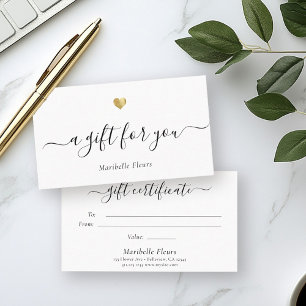 Elegant Modern Script Guld Heart Gift Certificate Visitkort