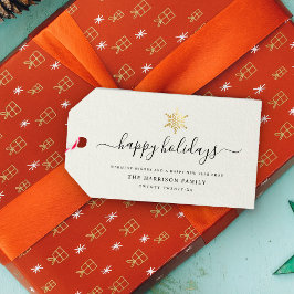 Elegant Modern Script Guld Snowflake Lycklig Helgd Presentetikett