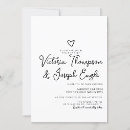 Elegant Modern Script Heart Black White Bröllop Inbjudningar