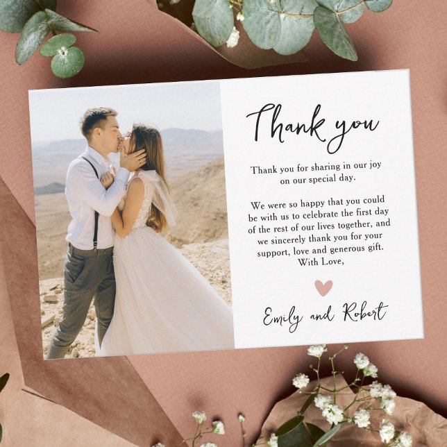 Elegant Modern Script Heart Photo Bröllop Tack Kort (Skapare uppladdad)