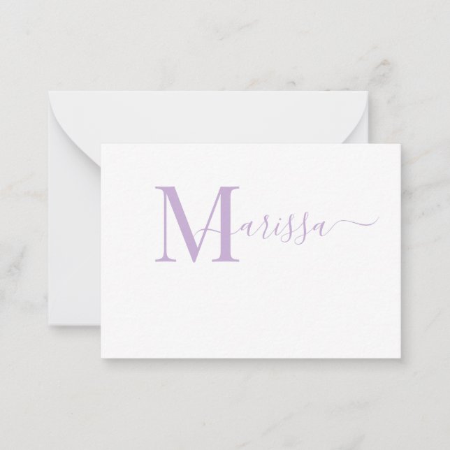 Elegant Modern Script Lila Monogram Namn Note Ca Anteckningskort (Framsida)