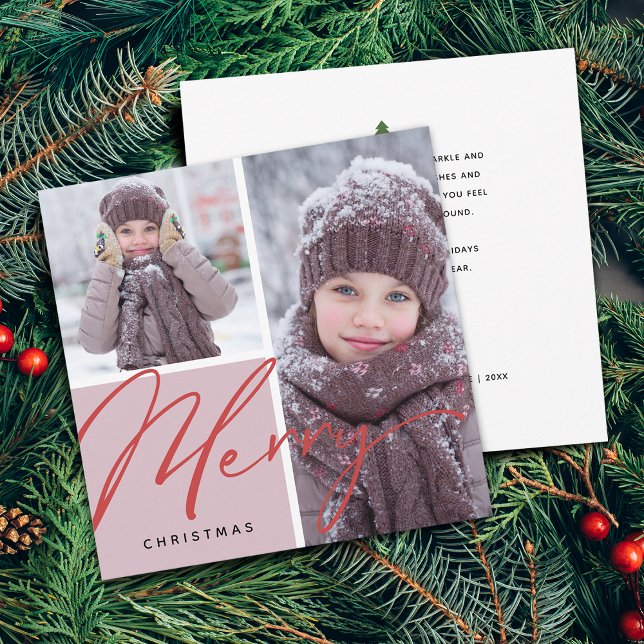 Elegant Modern Script Merry Photos Flat Julkort (Elegant Modern Script Merry Photos Flat Holiday Card)