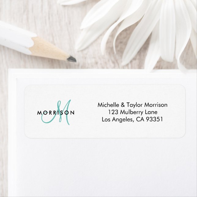 Elegant Modern Script Monogram Teal-Returadress Returadress Etikett (Insitu)