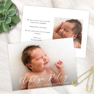 Elegant Modern Script Namn 2-foto med foto Birth Meddelande