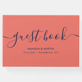 Elegant Modern Script Navy Blue and Coral Bröllop Gästböcker