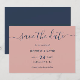 Elegant Modern Script Navy Blue och Bröllop Spara Datumet
