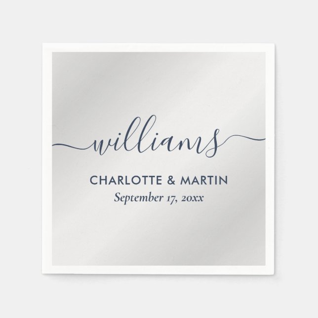 Elegant Modern Script Navy Blue och Silver Bröllop Pappersservett (Framsidan)