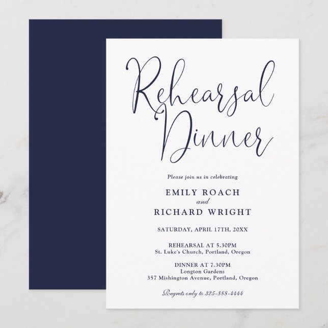 Elegant Modern Script Navy Blue Rehearsal Dinner Inbjudningar (Fram/baksida)