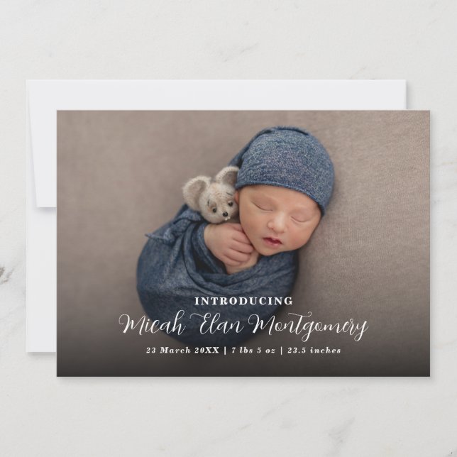 Elegant Modern Script Photo Baby Birth Meddelande (Framsida)