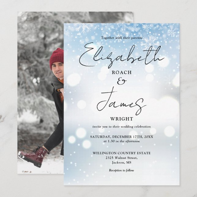 Elegant Modern Script Photo Snö Winter Wedding Inbjudningar (Fram/baksida)