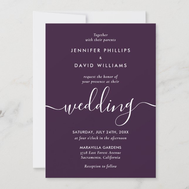 Elegant Modern Script Purple Wedding Inbjudningar (Framsida)