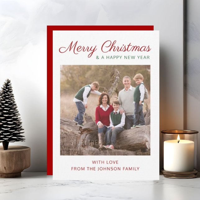 Elegant Modern Script Red-julfoto Julkort (Elegant Modern Script Red Christmas Photo Holiday Card)