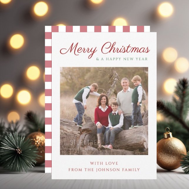 Elegant Modern Script Red Pput-julfoto Julkort (Elegant Modern Script Red Plaid Christmas Photo Holiday Card)