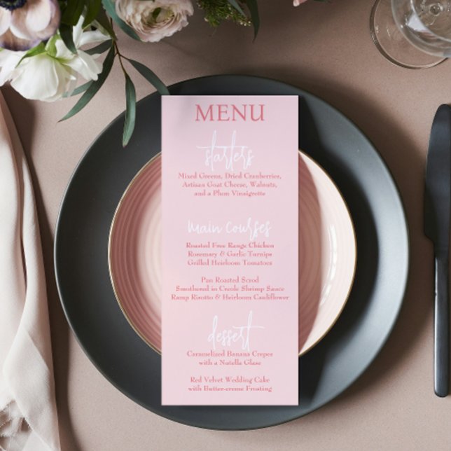 Elegant modern Script Rosa  bröllop-meny Meny (Elegant modern Script Pink Blush wedding Menu)