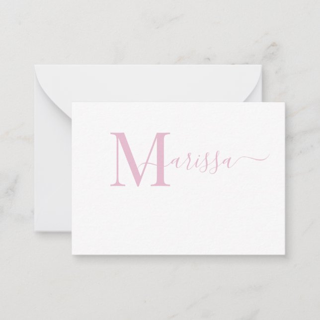 Elegant Modern Script Rosa Monogram Namn Anteckningskort (Framsida)