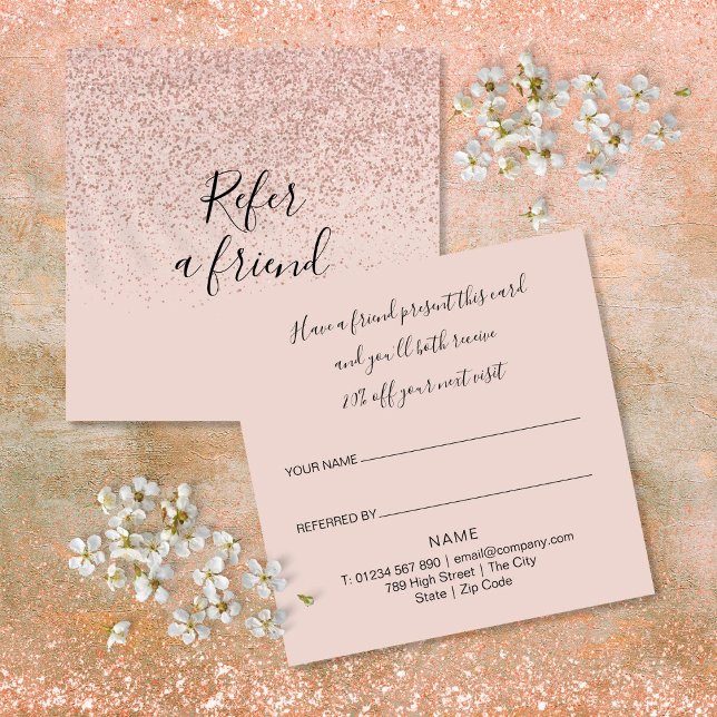 Elegant Modern Script Rose Gold Glitter Kund Rabattkort (Elegant Modern Script Rose Gold Glitter Customer Referral Card)