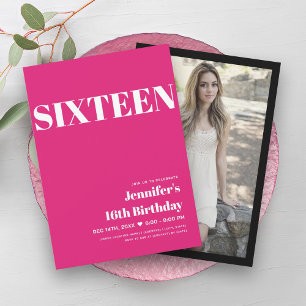 ELEGANT Modern Shock rosa Sweet 16 Typography Inbjudningar