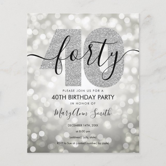 Elegant Modern Silver 40:e födelsedag Party Inbjud (Framsida)