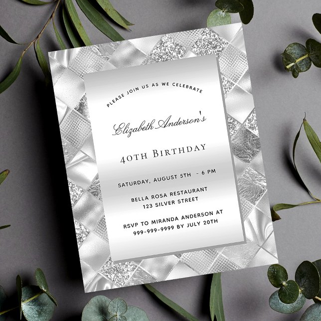 Elegant modern silver budget födelsedagsinbjudan flygblad (Skapare uppladdad)