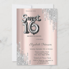 Elegant Modern Silver Drips Ballong Sweet 16 Inbjudningar