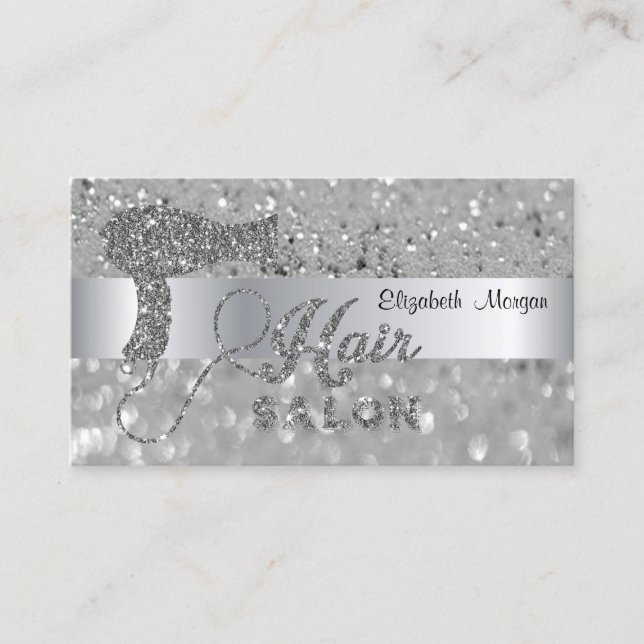 Elegant Modern, Silver Glitter Bokeh Hårfön Visitkort (Framsida)