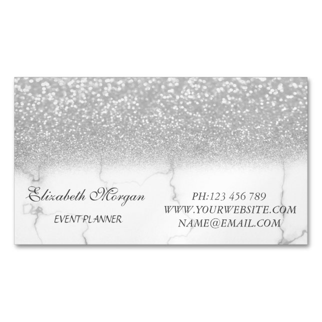 Elegant Modern Silver Glitter Marmor Magnetiska Visitkort (Framsida)