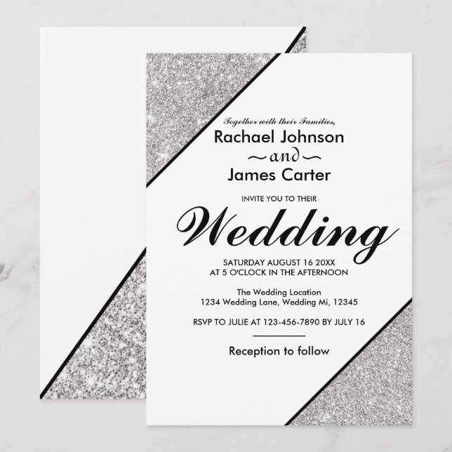 Elegant modern silver glitter mot vit bakgrund inbjudningar (Fram/baksida)