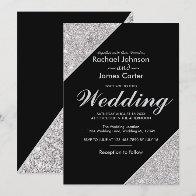 Elegant modern silver glitter på svart inbjudningar (Fram/baksida)