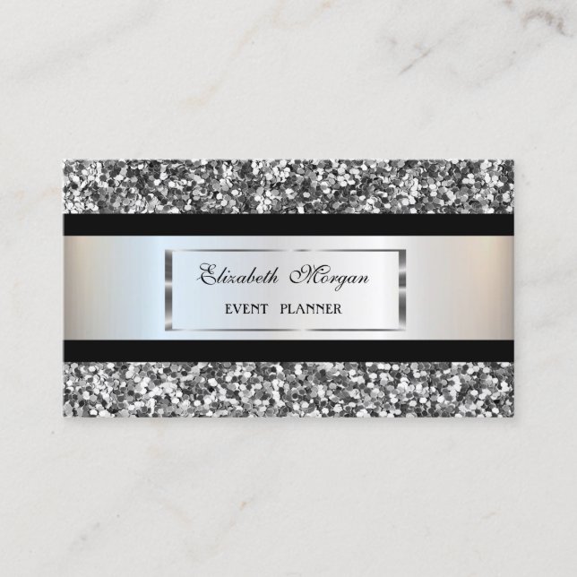Elegant Modern,Silver Glitter Ram,, Svarta Rand Visitkort (Framsida)