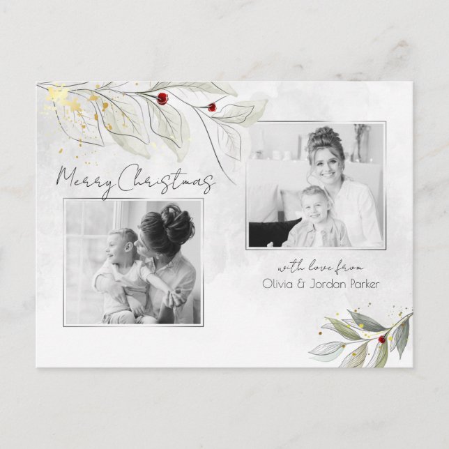 Elegant Modern Silver Juldag Blommigt 2-foto Helg Vykort (Framsida)