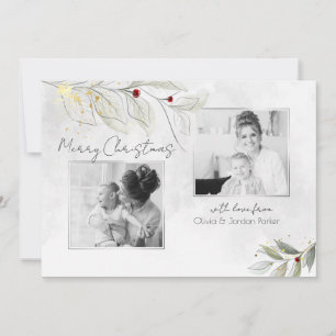Elegant Modern Silver Juldag Blommigt 2-foto Julkort