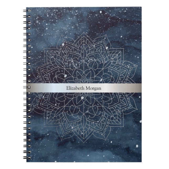 Elegant modern silver mandala-rand navyblå anteckningsbok (Framsidan)