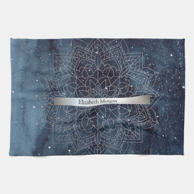 Elegant Modern Silver Mandala Rand Navyblå Kökshandduk (Horisontell)