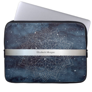 Elegant modern silver mandala-rand navyblå laptop fodral
