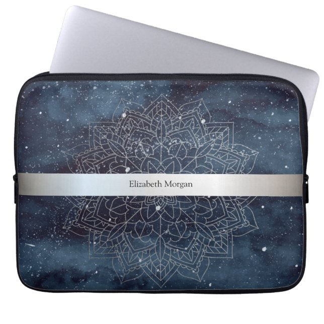 Elegant modern silver mandala-rand navyblå laptop fodral (Framsidan)