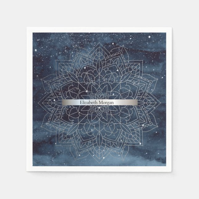 Elegant modern silver mandala-rand navyblå pappersservett (Framsidan)