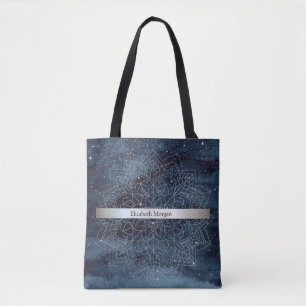 Elegant modern silver mandala-rand navyblå tygkasse