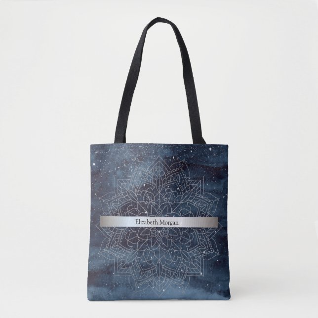 Elegant modern silver mandala-rand navyblå tygkasse (Framsida)