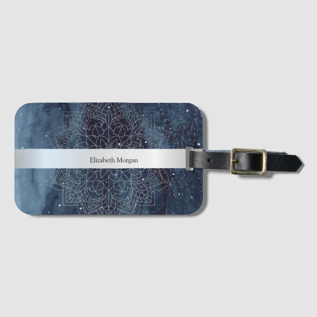 Elegant modern silver mandala randig marinblå bagagebricka (Framsida horisontal)