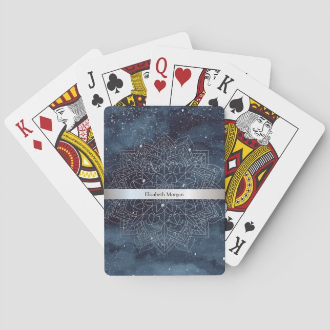 Elegant modern silver mandala randig marinblå casinokort (Baksidan)