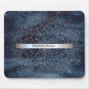 Elegant modern silver mandala randig marinblå musmatta