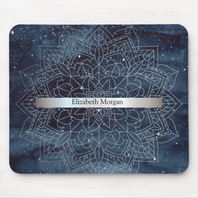 Elegant modern silver mandala randig marinblå musmatta (Framsidan)