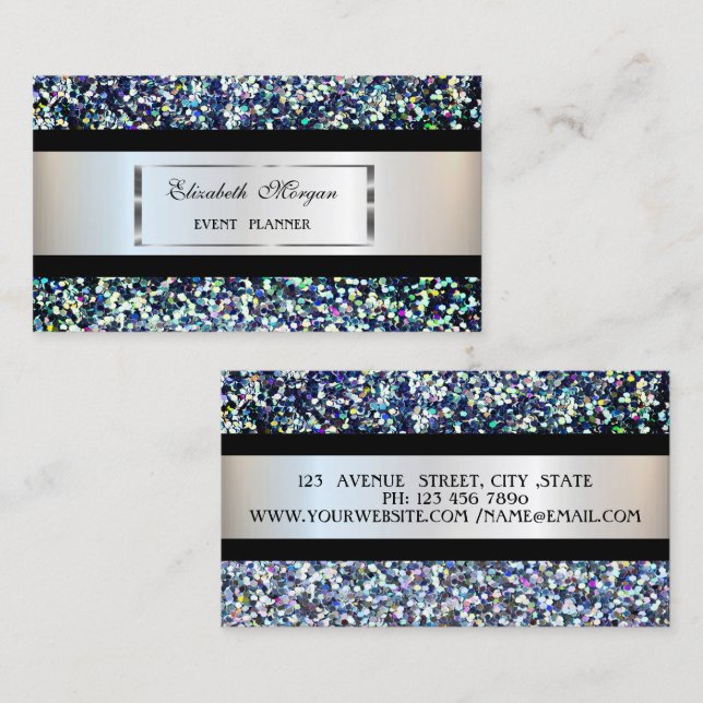 Elegant Modern,Silver Ram,Svarta Rand,Sequins Visitkort (Fram/baksida)