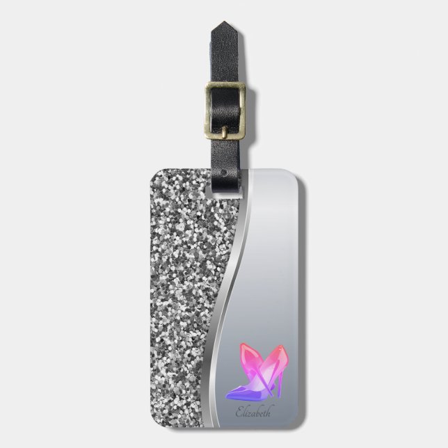Elegant modern silverglitter, metallisk, högklacka bagagebricka (Vertikal Framsida)
