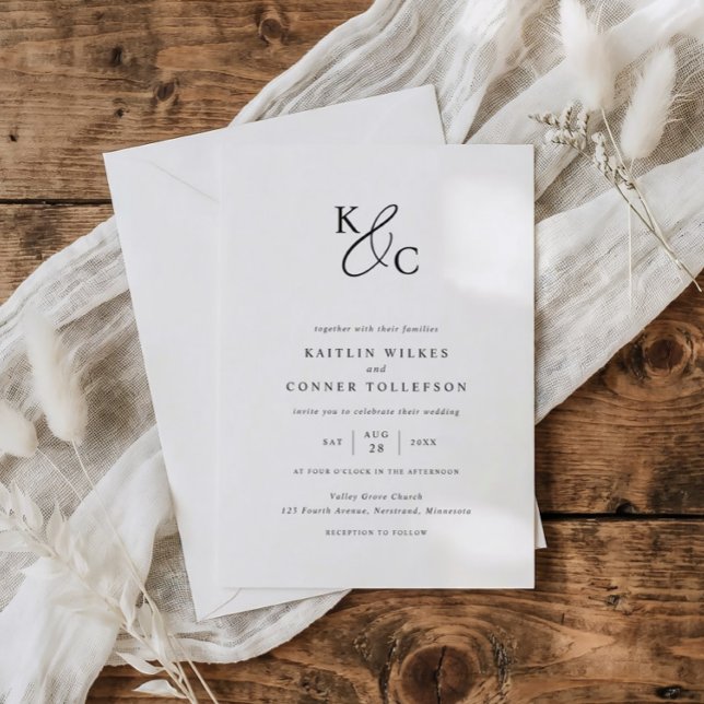 Elegant Modern Simple Black & White Wedding Inbjudningar (Modern wedding logo monogram wedding invitations in black and white.)