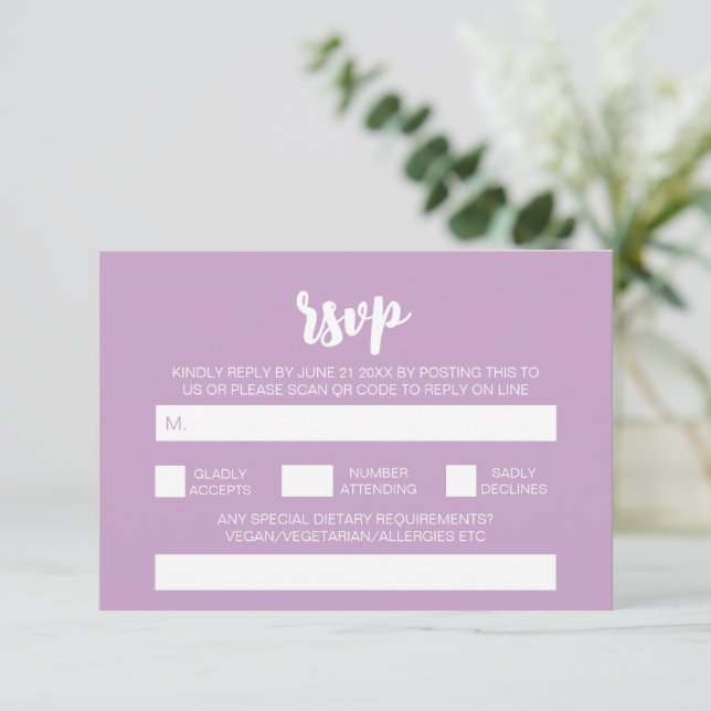 Elegant Modern Simple Lilac Bröllop QR Code OSA Tilläggskort (Stående Fram)